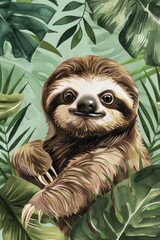 A sloth hanging from a tree branch. Suitable for nature and wildlife themes