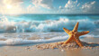 Starfish in the sand of a tropical beach in the Caribbean. Summer vacation and travel background.