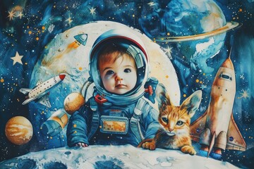 Wall Mural - a child wearing a space suit holding a cat. suitable for educational materials