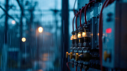 Electricity transformer power line construction on metal power station in winter with rain falling. High voltage industrial technology, cable lines, energy production source towers for transmission