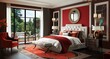 3D render of a sophisticated Hollywood Regency bedroom with Ruby color accents