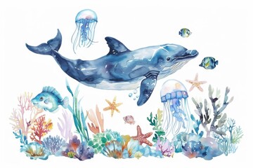 A beautiful watercolor painting of a dolphin swimming with a jellyfish. Ideal for marine life concepts