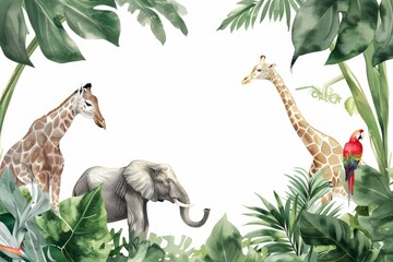 Wall Mural - Group of giraffes and elephants in their natural habitat. Suitable for wildlife and nature concepts