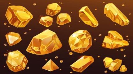 Wall Mural - An illustration set of yellow glossy shiny precious stones. A guide asset of raw golden crystals. An example of raw materials gems.