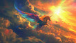 Mythical unicorn with rainbow wings soars in the sunny sky.