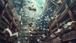 Floating Tales in a Surreal Literary Ballet: A Whimsical Library