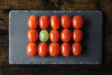 A line of cherry tomatoes, a staple food in cuisine, includes a green tomato among the ripe fruits. These bush tomatoes are a popular ingredient in many dishes