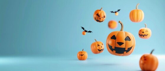 Wall Mural - Floating pumpkins on a blue background for Halloween. 3D rendering.