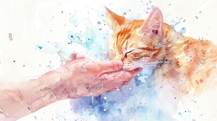 Poster - A watercolor painting of a cat licking a person's hand. Suitable for pet lovers and animal care concepts