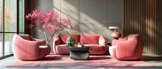 Sticker - Pink living room with modern furniture. 3D rendering.