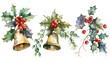 Festive Christmas bells with holly leaves and berries. Perfect for holiday designs