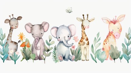 Poster - Group of giraffes and elephants standing in grass. Suitable for wildlife or safari themes