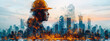 © JKLoma - collage silhouette of a man in profile in a yellow helmet, in a silhouette image of buildings under construction,generative ai