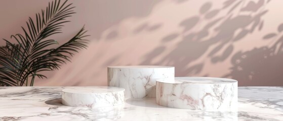 Sticker - Stand with marble podium and abstract background. 3D rendering