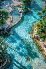 Poster - Relaxing view of a pool with a waterfall and tropical palm trees. Perfect for travel and vacation concepts