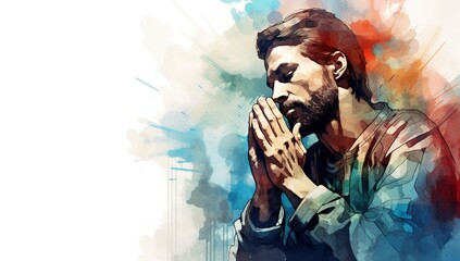 Wall Mural - A man is praying God, watercolor painting.