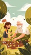 Illustration of a grandfather with his little granddaughter planting a sprout of a green tree, transferring experience and caring with the younger generation