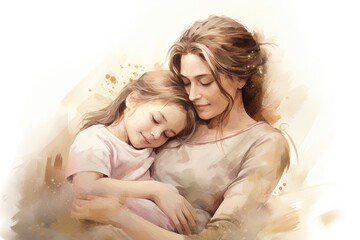 Poster - Watercolor illustration of mother hugging her children. Happy Mothers day concept.