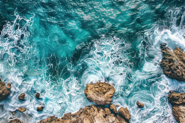 Wall Mural - aerial view of sea waves crashing against the rocks. ocean and rock texture.