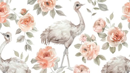 Poster - Ostrich standing among colorful flowers, suitable for nature-themed designs