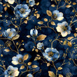 Botanicalinspired blue pattern with gold floral elements ,seamless pattern,