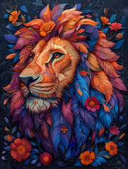  a colorful lion head with colorful floral patterns, in the style of energy-filled illustrations.generative ai