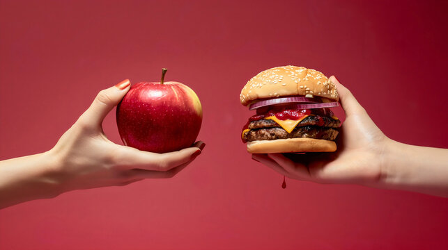 One hand holding apple fruit, other holding hamburger. Healthy natural organic fresh vegetarian food vs unhealthy processed fast junk food meat. Nutrition diet lifestyle, fitness eating choice