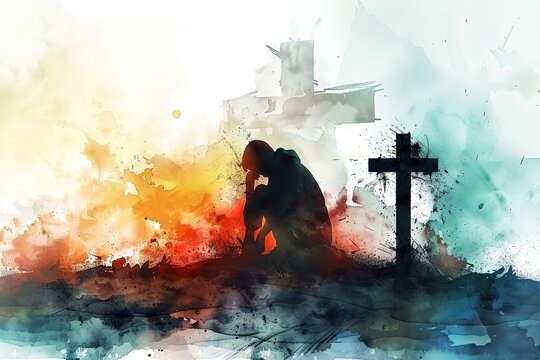 Man praying God in front of a cross.	