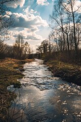 Poster - Peaceful river flowing through vibrant forest, ideal for nature concepts