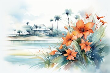 Wall Mural - Watercolor illustration with house and beautiful flowers.