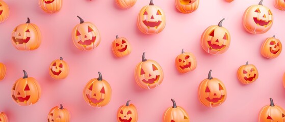 3D rendering of a pumpkins pattern on a pastel pink background for Halloween.