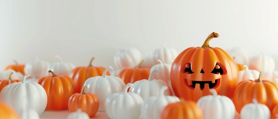 Wall Mural - On white background, a Jack o Lantern is surrounded by white pumpkins. Halloween concept, rendered in 3d.