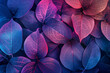 Vibrant neon colored leaves on dark background, creating dense foliage pattern