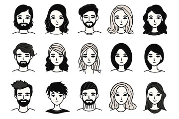 Wall Mural - Set of doodle people faces black and white, minimalist avatars line drawing