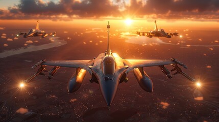 Wall Mural - A military jets in the air at sunset. 