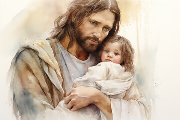 Wall Mural - Watercolor painting of Jesus Christ holding a child.