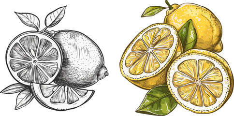 Wall Mural - Hand drawn sliced lemons, citrus fruit with leaves and half lemon illustration