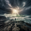Woman standing on coast of storm sea