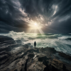 Wall Mural - Woman standing on coast of storm sea