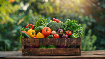 wooden box full of colorful vegetables on table in a garden. wooden crate of farm fresh vegetables