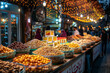 Traditional Ramadan snacks and sweets selling on a colorful stall adorned with festive decorations and twinkling lights, atmosphere of festivities. Muslim islamic holidays