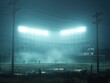 A baseball field with a few players on the field and a few lights in the background. Scene is somewhat eerie and dark
