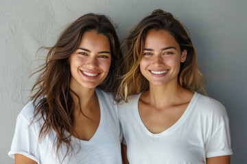 Wall Mural - Hispanic women wearing white t-shirt smile having a good time together