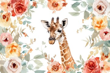 Poster - A beautiful giraffe surrounded by colorful flowers and leaves. Perfect for nature-themed designs