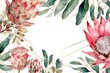 Beautiful watercolor painting of pink proteas and eucalyptus leaves, perfect for home decor or floral design projects