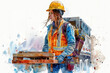 Colorful watercolor of A female builder in safety helmet and reflective vest
