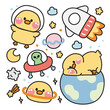 Set of cute chicken various poses in space concept.Farm animal character cartoon design.Planet,galaxy,moon,star,rocket,earth,alien drawn collection.Kawaii.Vector.Illustration