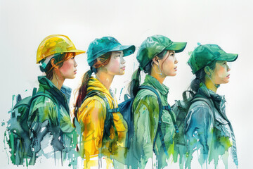 Wall Mural - Green watercolor painting of diverse workers in different uniforms