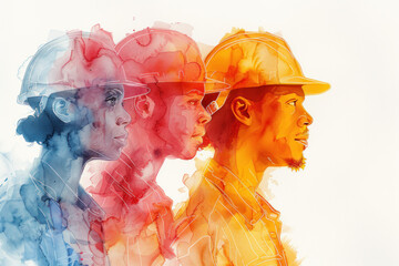 Wall Mural - Yellow watercolor painting of diverse workers in different uniforms