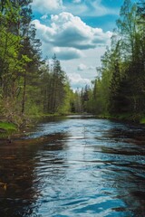 Wall Mural - Serene river flowing through vibrant forest, ideal for nature concepts